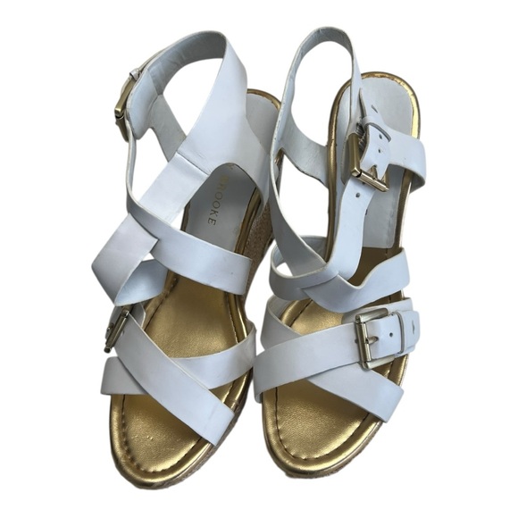 Audrey Brooke Abcecila Gold White Wedge Sandals With Criss-Cross Straps Size 7.5 - Picture 2 of 9